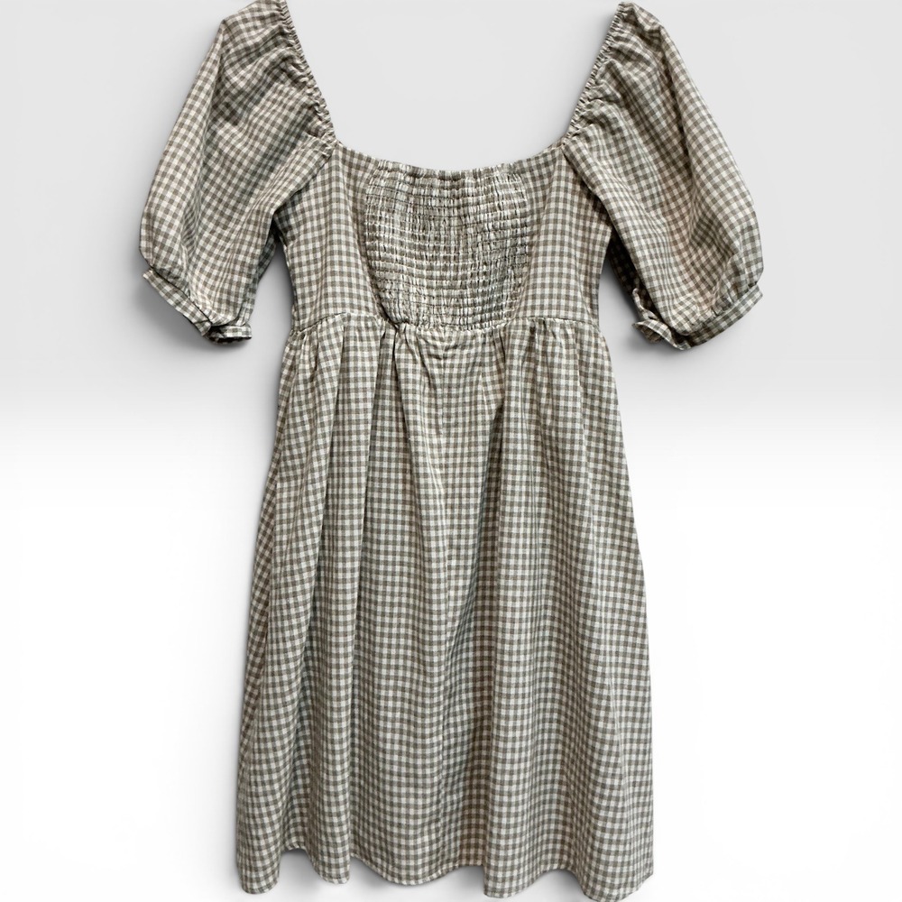 Pomander Place Tuckernuck Gingham Abigail Dress Tan White Puff Sleeve Mini XS - Picture 2 of 4